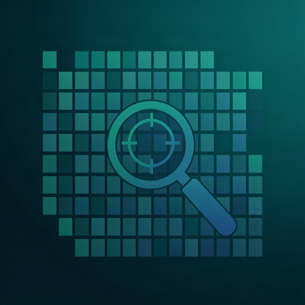 Detection signals matrix - keyword tags grid, magnifying glass scanning paragraphs