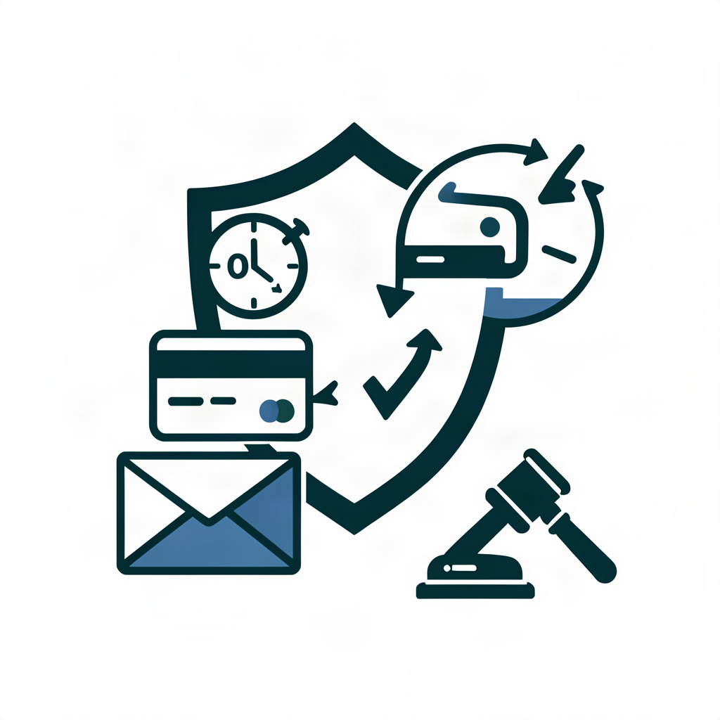 FCBA dispute - shield with 60-day clock, credit card dispute button, mailed letter
