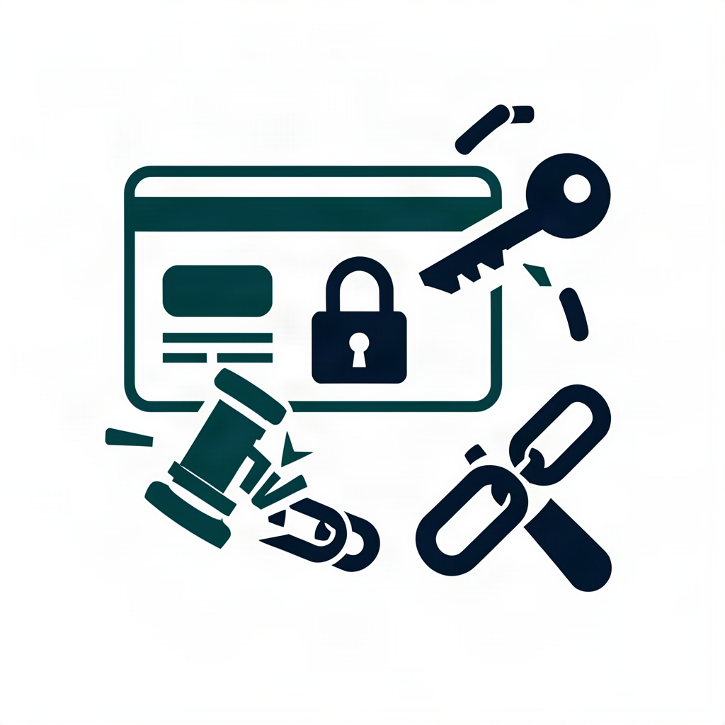 Financial data traps illustration - locked credit card, unreachable key, gavel with padlock
