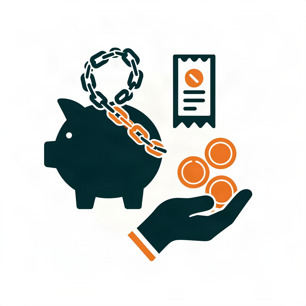 Refund traps illustration - locked piggy bank, no refund stamp, credit vouchers